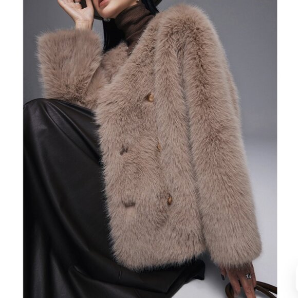 Taupe Faux Fur Double Breasted Crop Coat - Picture 2 of 7